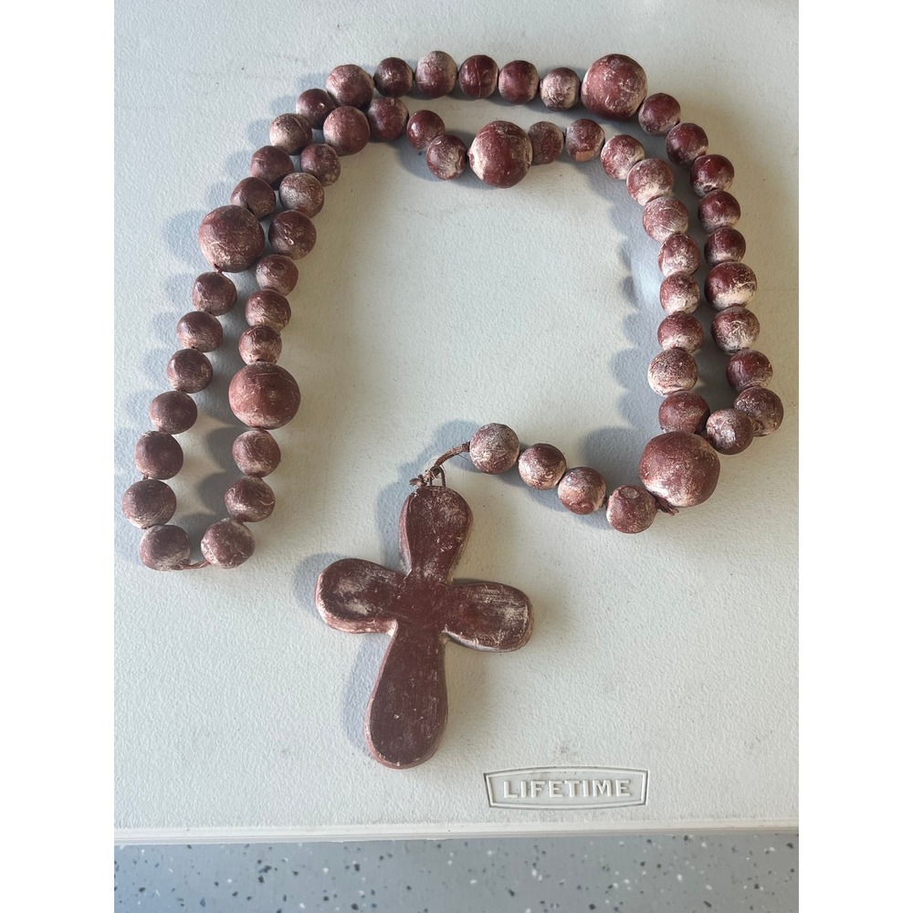 Handmade Mexican ROSARY Cross Pottery Clay Beads Terracotta Christian LARGE 40"